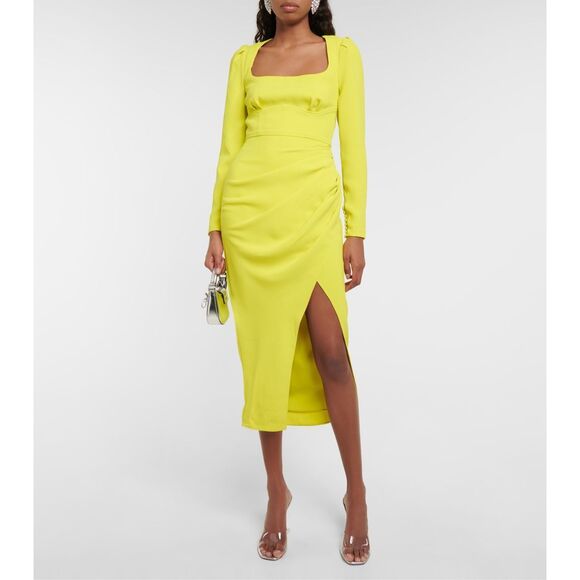 SELF PORTRAIT GREEN CREPE RUCHED MIDI DRESS - Picture 2 of 13